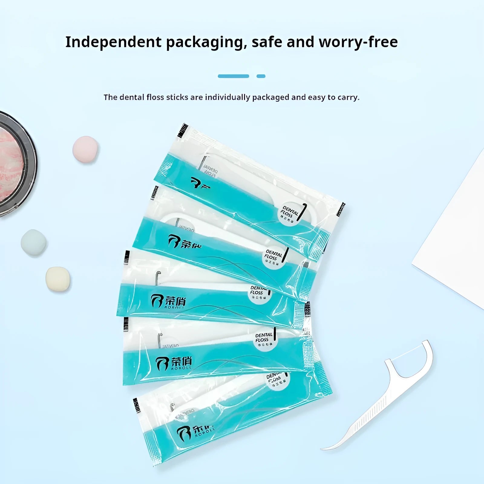 Disposable dental floss packets in independent plastic packaging with portable bag