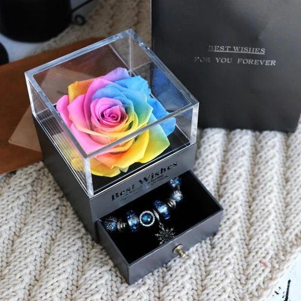 Preserved eternal rose and carnation gift box in glass display case for jewellery storage