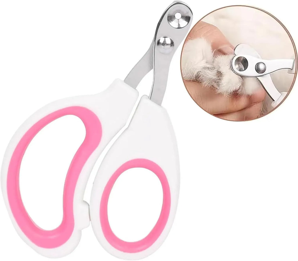 Blue cat nail clippers with circular cut hole and cushioned non-slip handles on a white background.