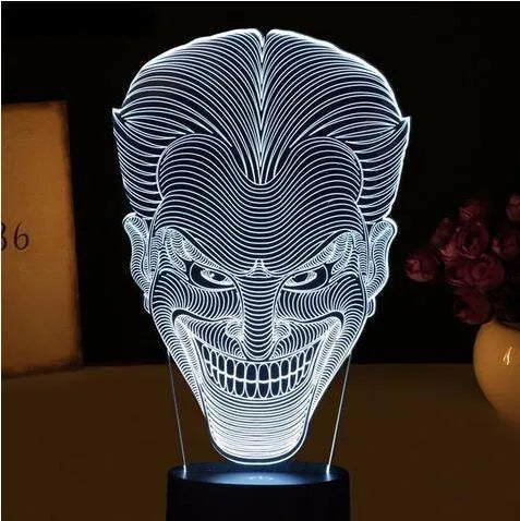 3D LED acrylic table lamp with USB cable and remote control showing multiple colour options