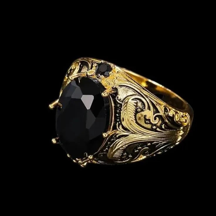 Men's silver geometric wide face ring with imitation ink colour gem ornament showing irregular patterning