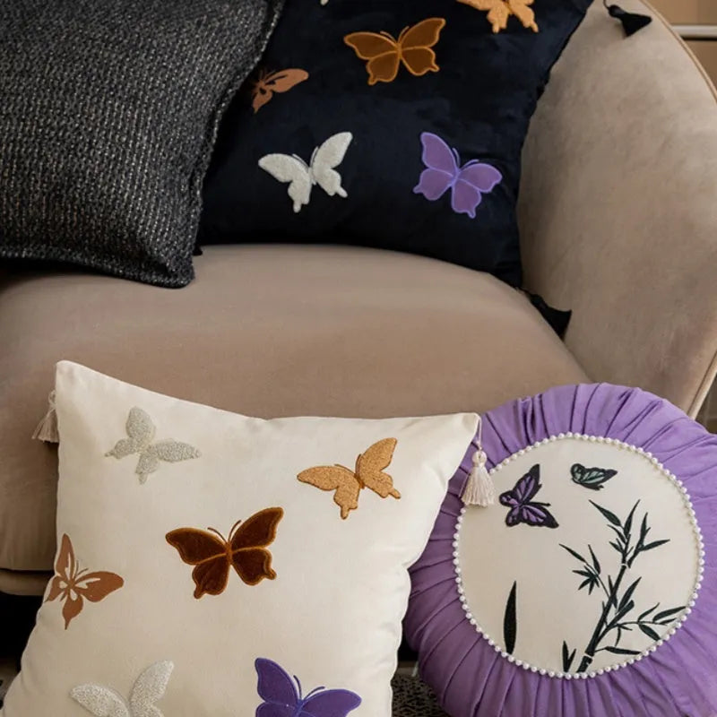 Chinese style butterfly embroidery on 45cm square couch pillow in beige, black or purple