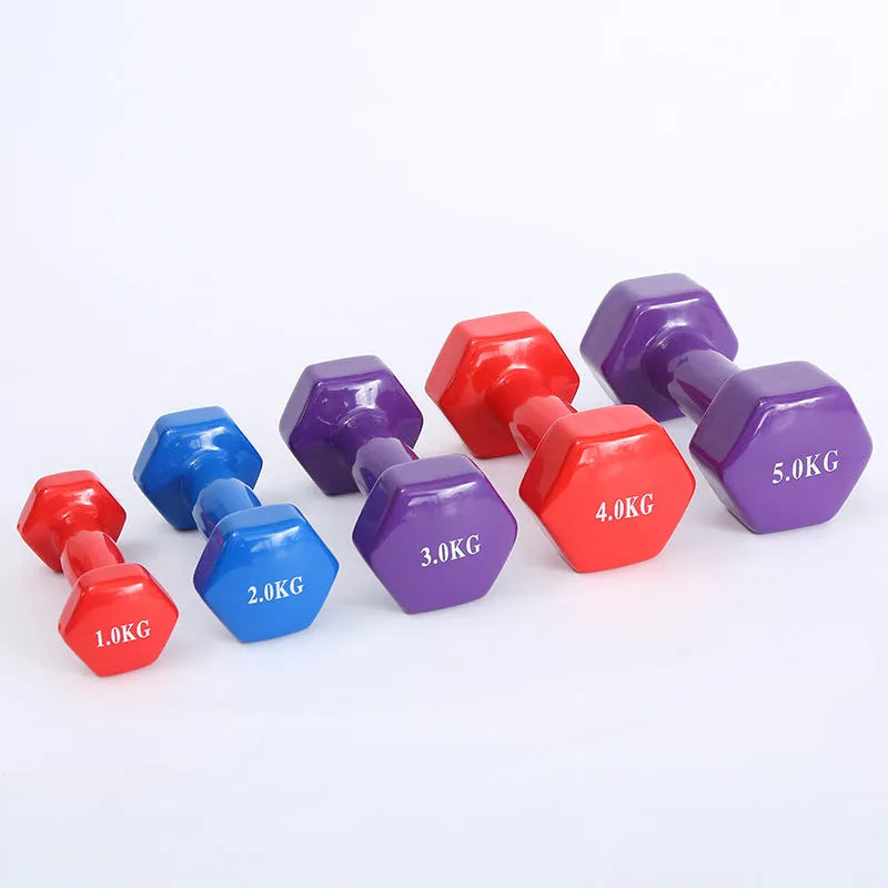Coloured plastic coated fitness dumbbell available in multiple weights for home yoga and aerobics