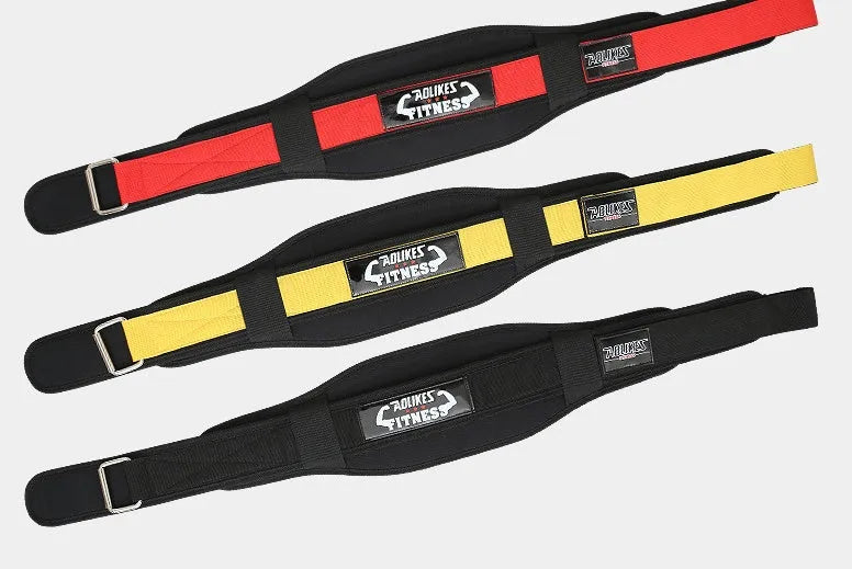 Nylon fitness weightlifting waistband in black, red, and yellow colours showing adjustable design