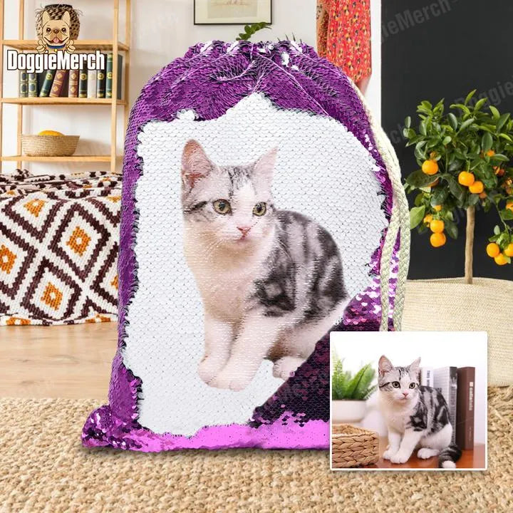 Custom sequins backpack with pet photo print in purple gold or silver with drawstring closure