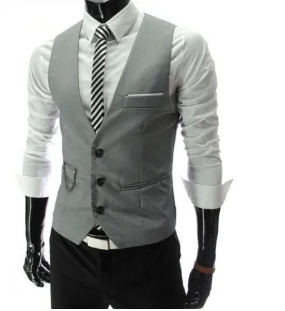 Men's cotton blend suit vest with long sleeves, lapel collar, single-breasted front, side seam pockets, in white, grey, black, or wine red.