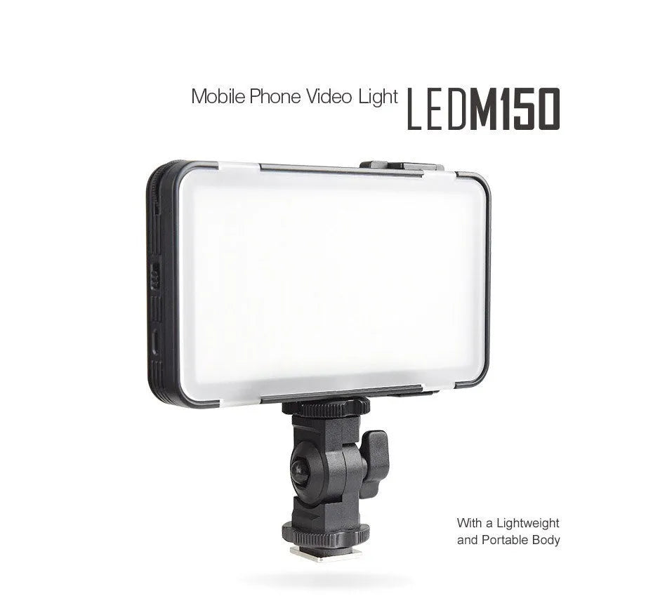 Shenniu M150 ultra-thin silver LED video light mounted on a smartphone showing its slim profile