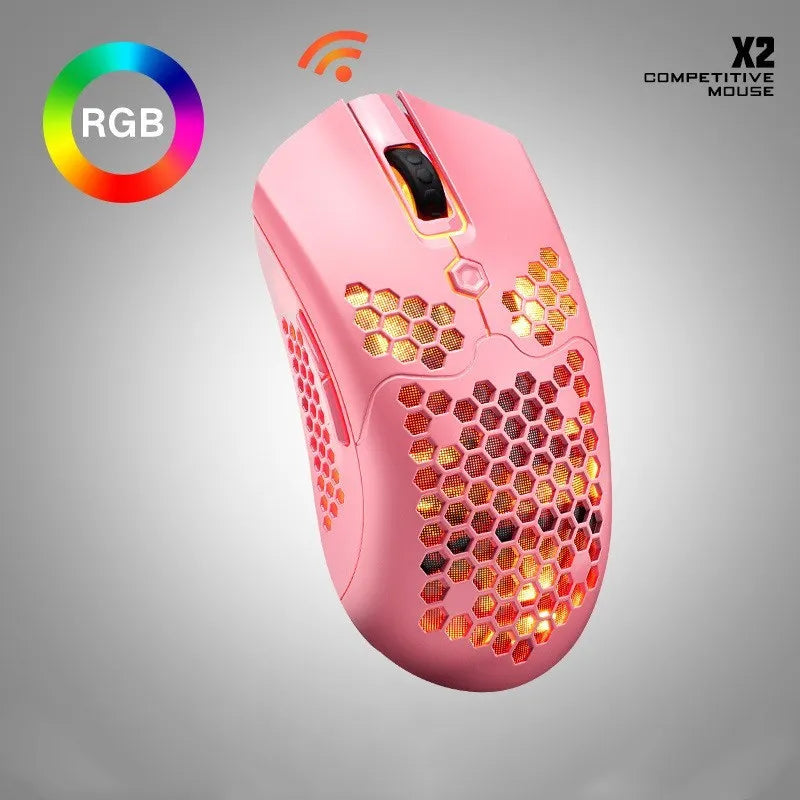 Free Wolf X2 wireless gaming mouse in black, showing RGB lighting and ergonomic shape.