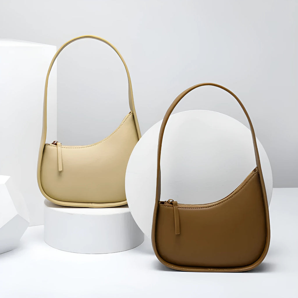 Genuine cowhide leather ladies half moon handbag with wide shoulder strap in four colour options