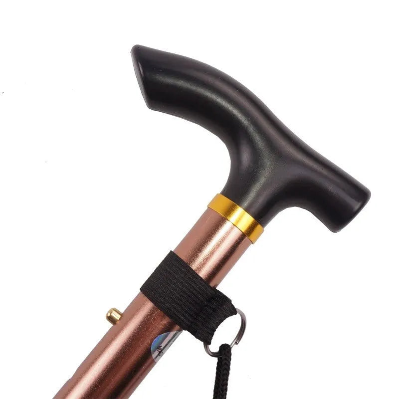 Aluminum alloy folding walking cane extended to show adjustable height mechanism and non-slip handle