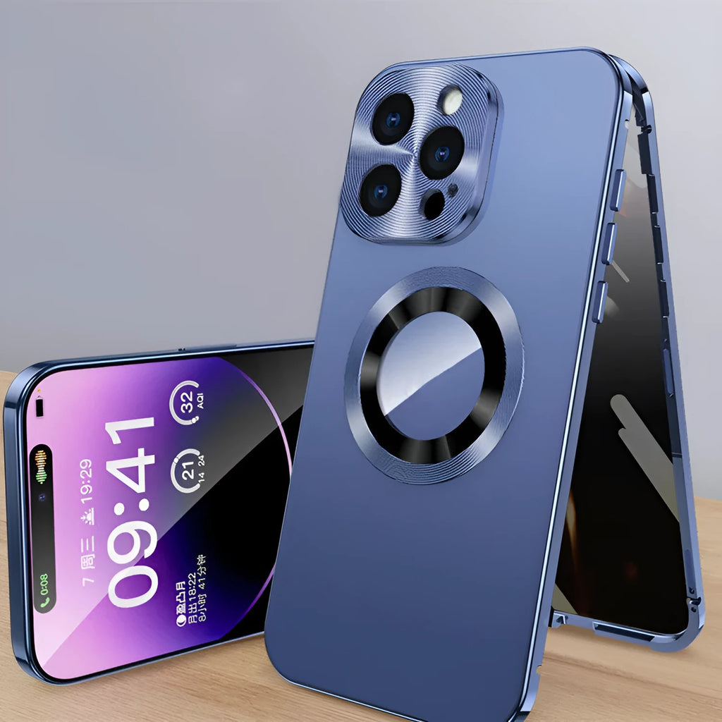 Magnetic phone case with anti-peep screen for iPhone, shown in multiple colours.
