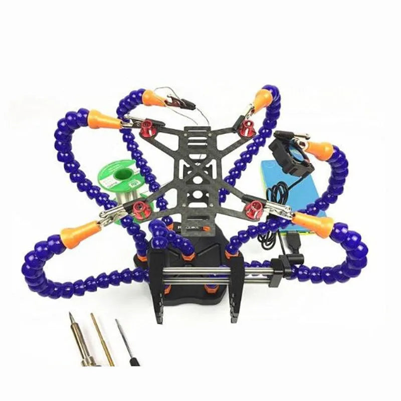 Black aluminium alloy welding station with six articulated arms and rotating chuck for model repair
