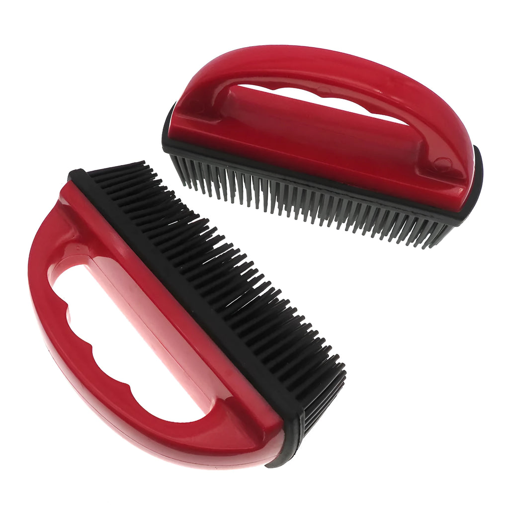 Red silicone pet hair removal brush with rubber bristles for grooming and cleaning