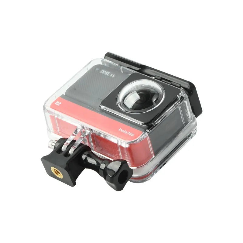 Transparent waterproof housing for Insta360 One RS panoramic camera showing internal dimensions