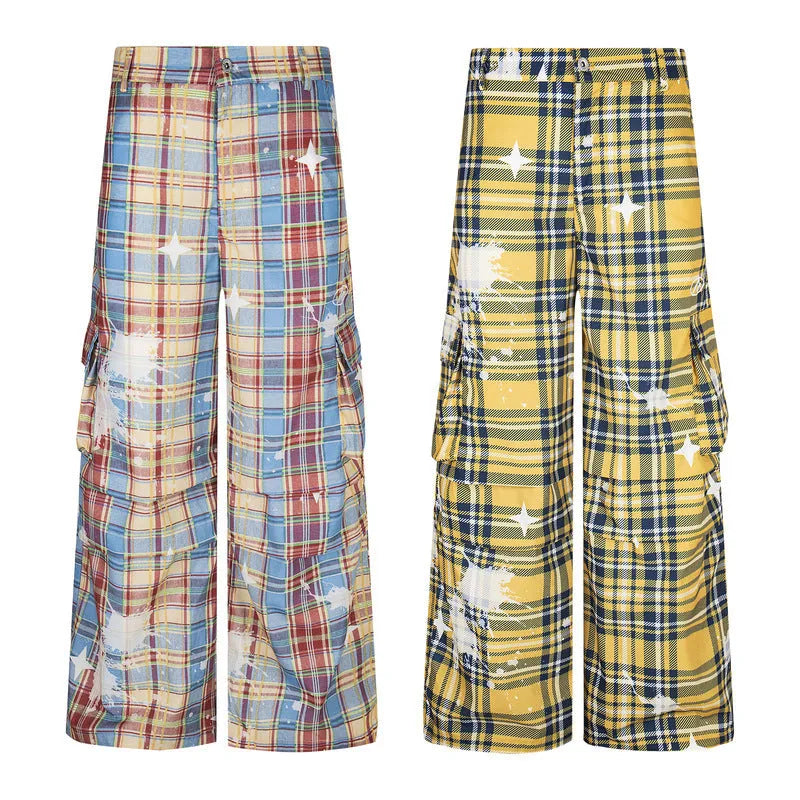Men's blue plaid casual trousers with loose straight-leg design and mid-waist fit