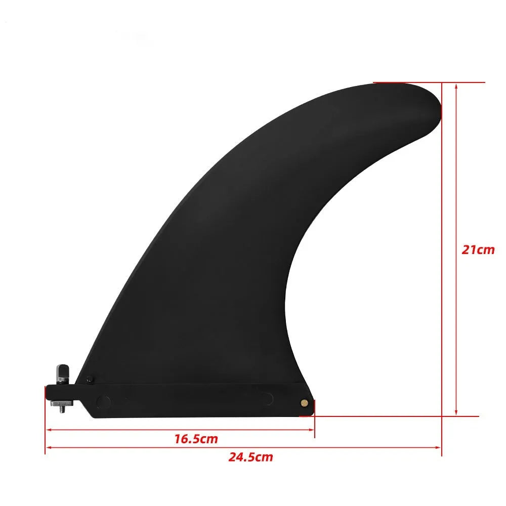 SUP paddle with large removable plastic fish fins attached via screw mechanism.