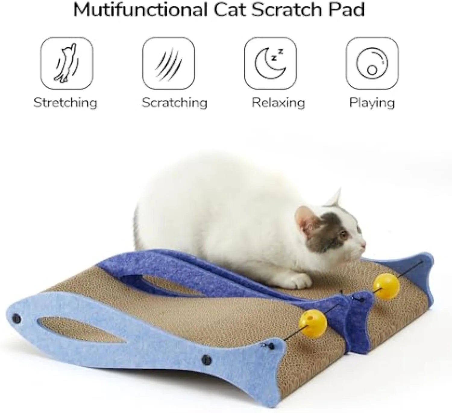 Blue fish-shaped cardboard cat scratcher with bell toys on elastic cord for indoor furniture protection