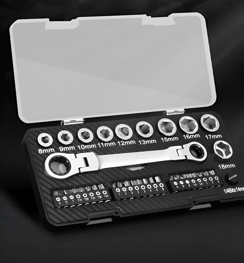 Two-way ratchet wrench set with sockets and screwdriver bits arranged beside the tool