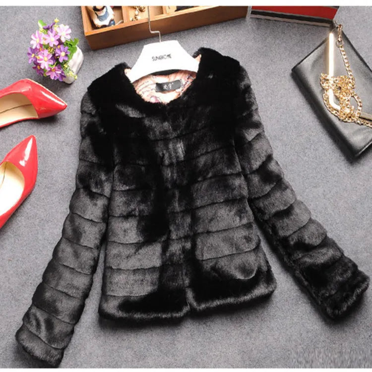 Artificial fur street fashion top in beige colour with regular sleeves and short length