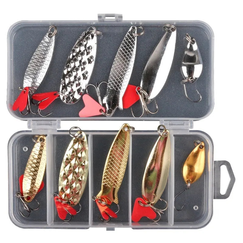 Box of pineapple sequin fishing lure crafting components with metal sequins and multi-colour fabric.