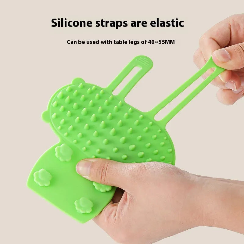 Silicone pet grooming brush with comb teeth and adjustable strap in black, green, pink or yellow