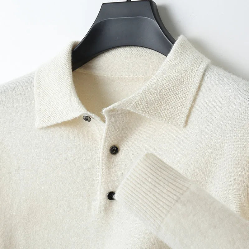 Men's woolen polo collar sweater pullover in black with long sleeves and stitched craft detail