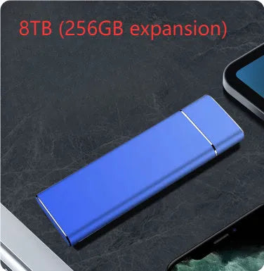 Sapphire Blue portable external hard drive with metal shell measuring 10.3cm with included data cable