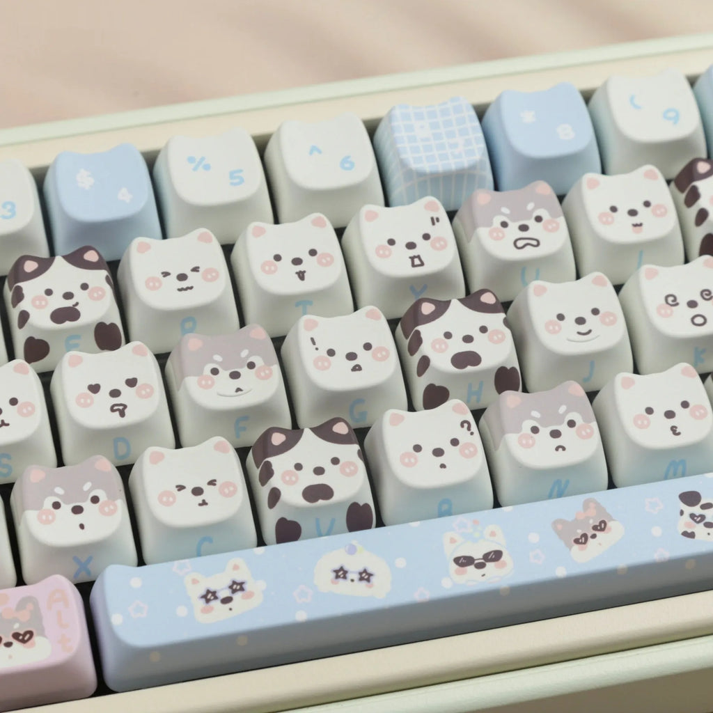 Full set of colourful PBT key caps for mechanical keyboards featuring cute puppy designs.