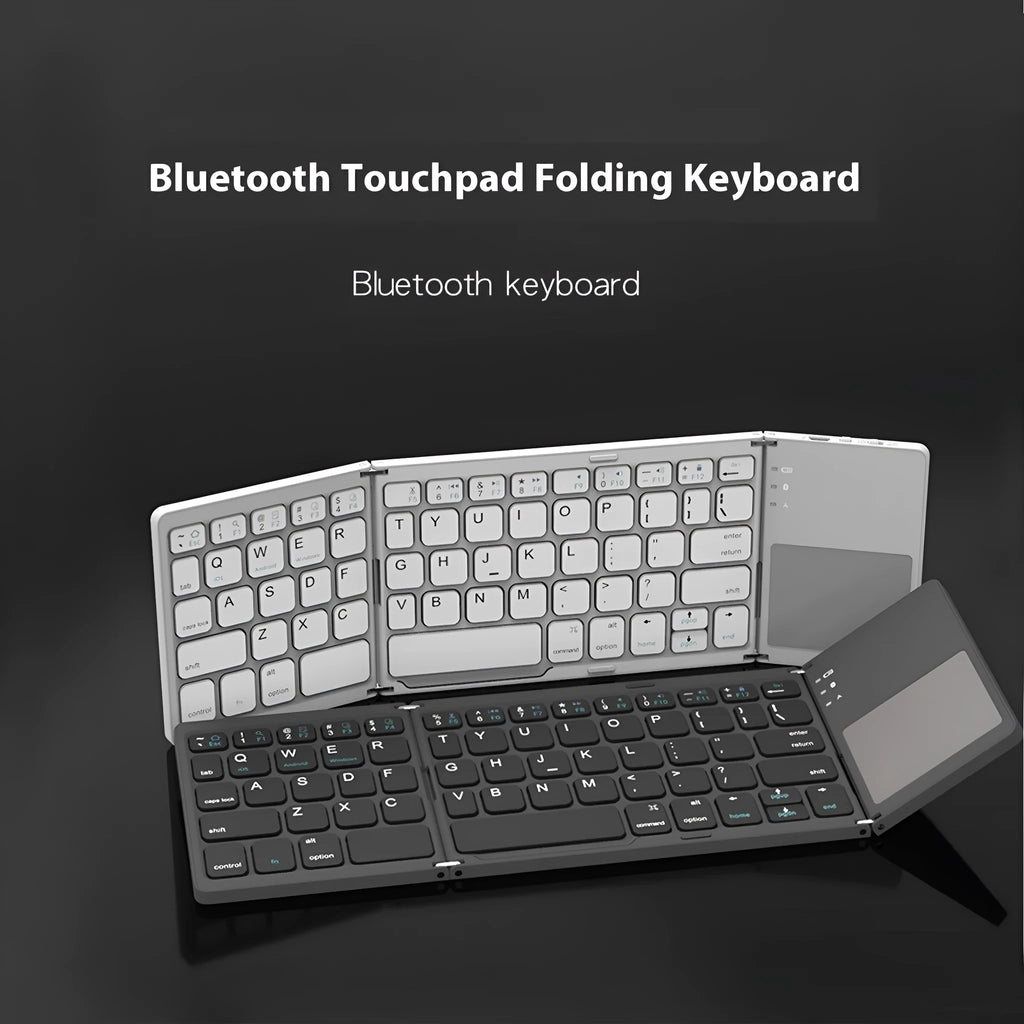 Black tri-fold Bluetooth keyboard shown open and closed, next to a smartphone for scale.