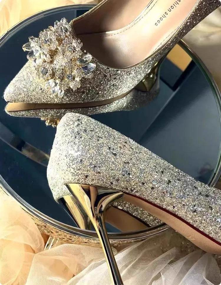 Champagne coloured wedding shoes with crystal flower pattern and pointed toe