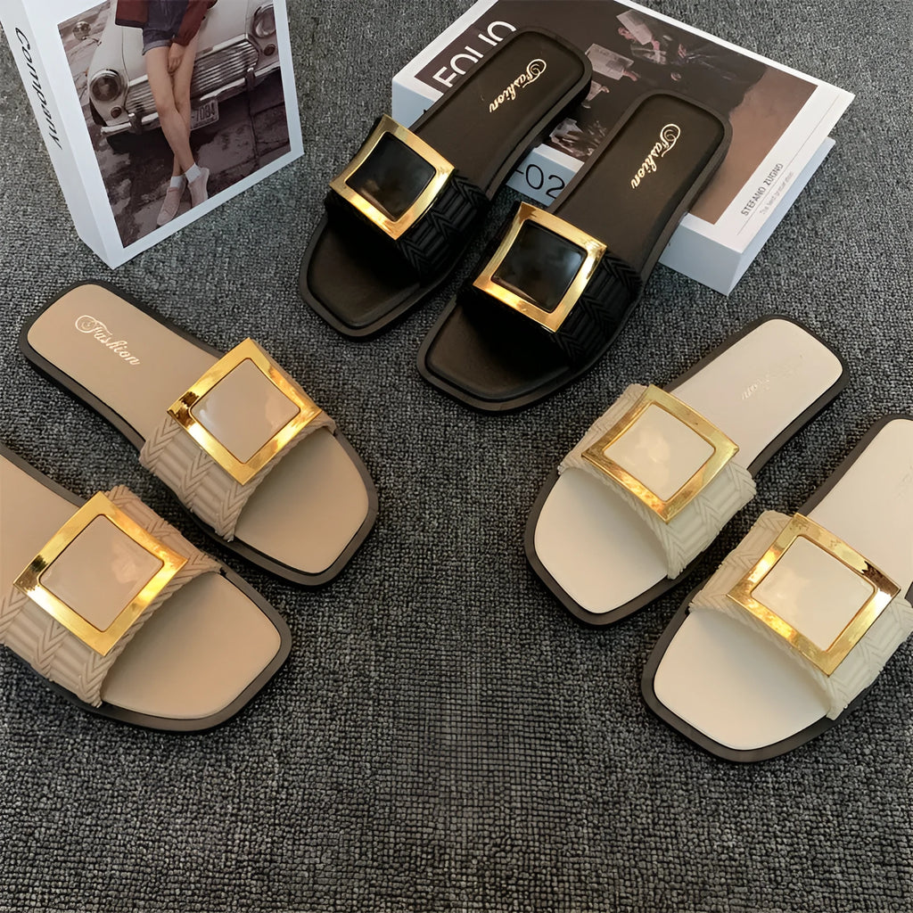 Women's casual flat summer slippers in apricot, black, or khaki with a PVC sole.