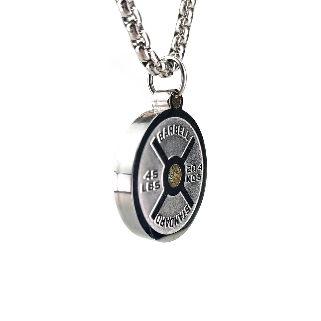 Polished stainless steel barbell disk pendant necklace with a choice of pearl, gold or black 60cm chains.