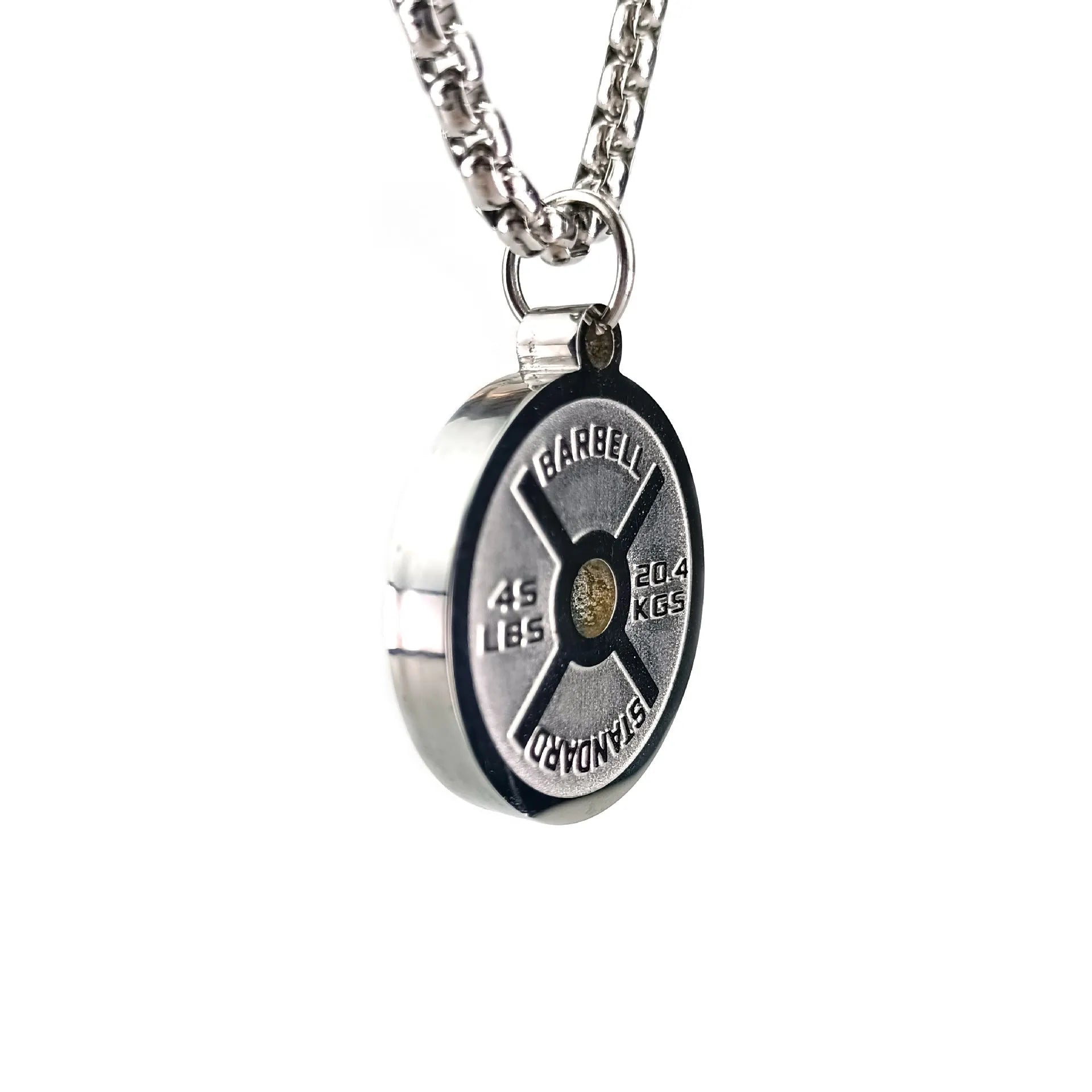 Polished stainless steel barbell disk pendant necklace with a choice of pearl, gold or black 60cm chains.
