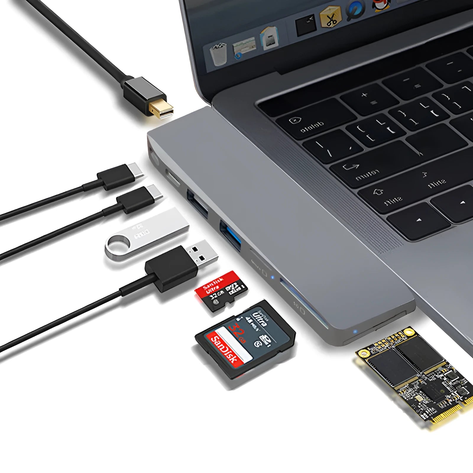MacBook Pro card reader hub with eight interfaces including USB ports and memory card slots