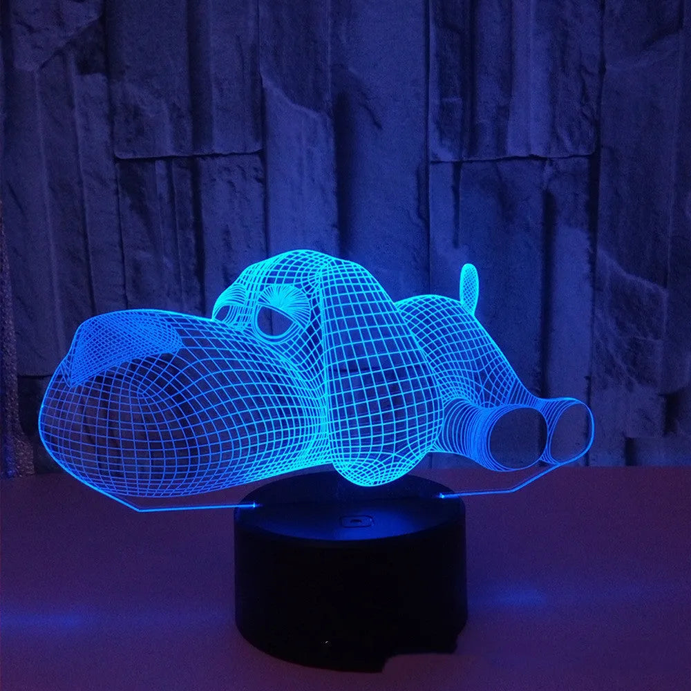 3D illusion dog desktop lamp showing seven colour options with touch button control