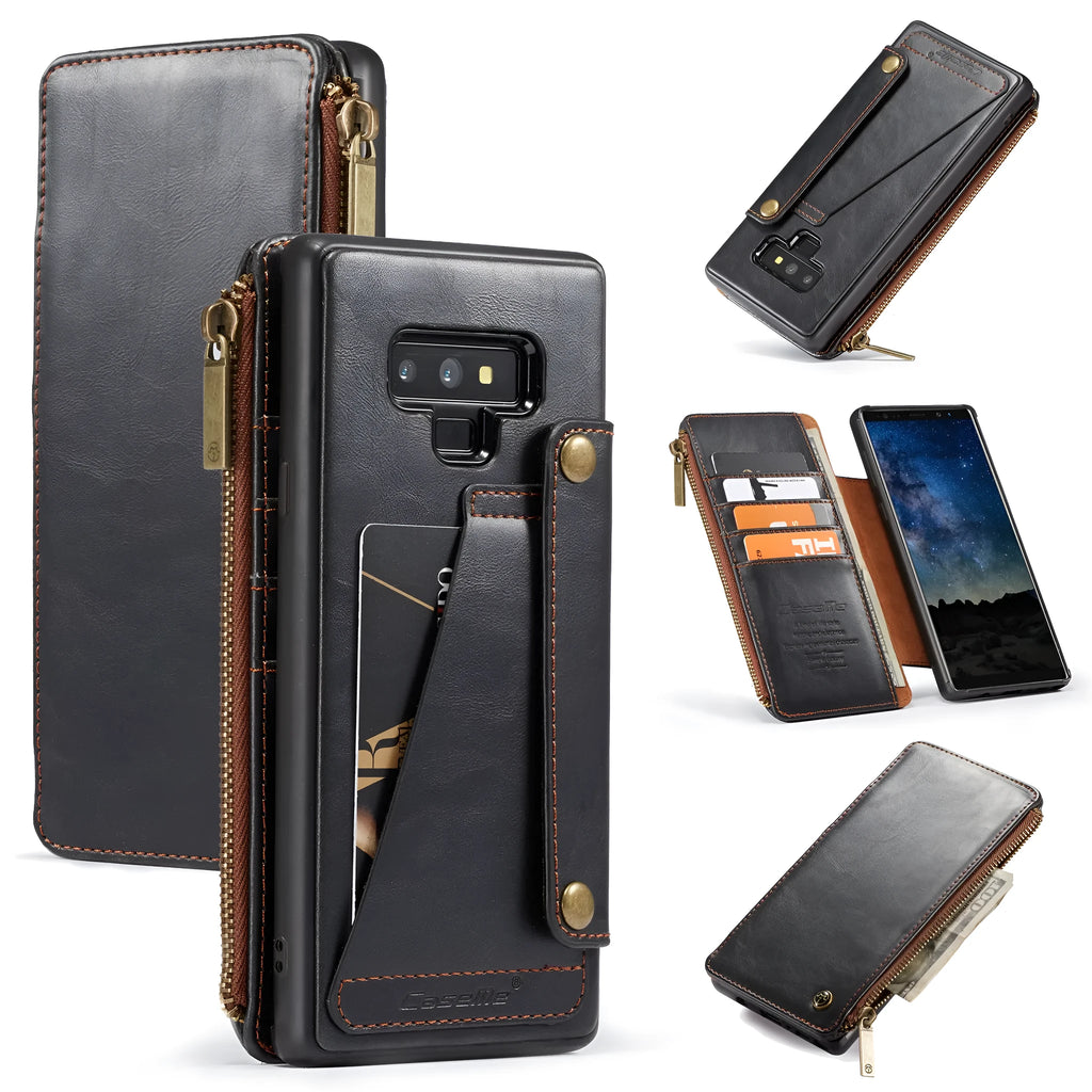 Black PU leather flip phone case open to show Samsung Note9, demonstrating front and back protection.