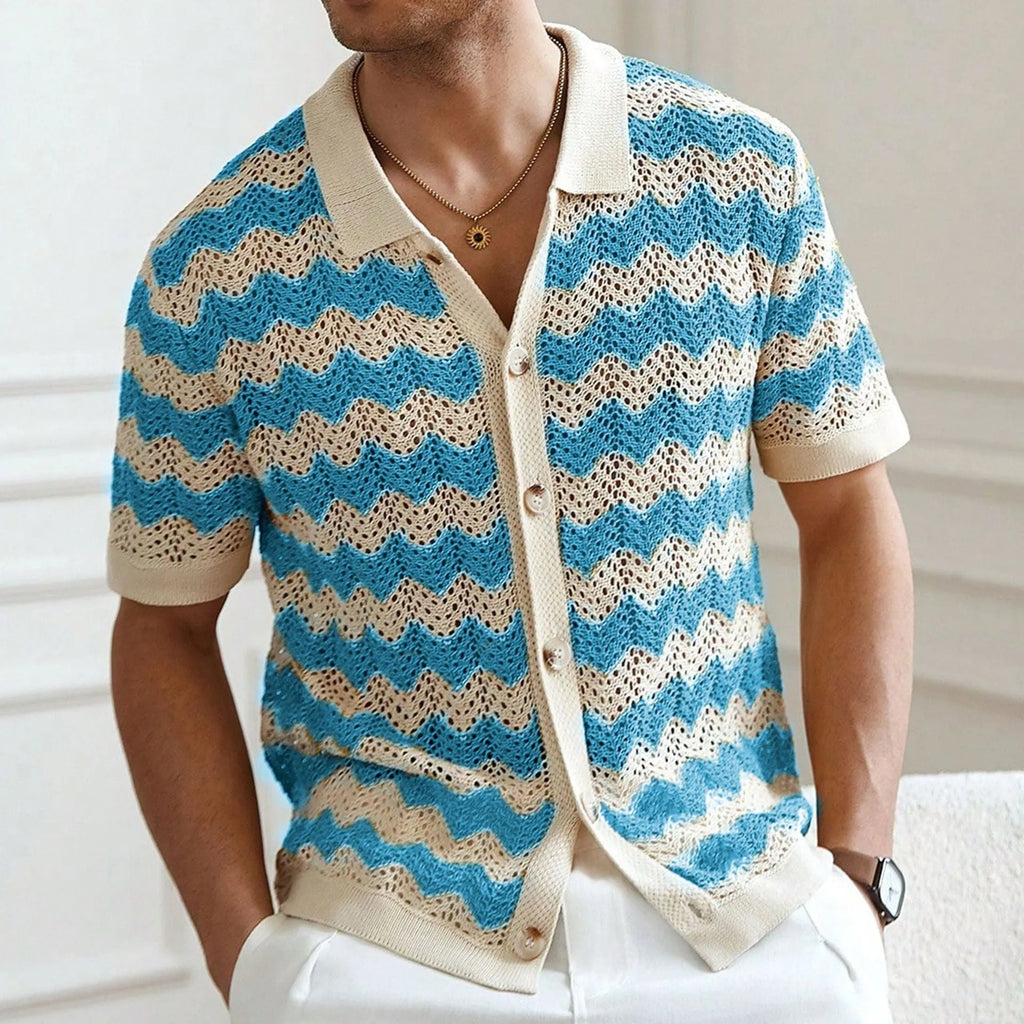 American-style hollow jacquard corrugated short-sleeve sweater in blue, shown on a hanger.