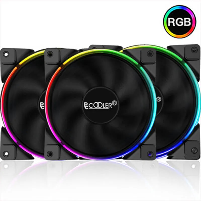 Three black 120mm RGB PC cooling fans with illuminated blades on dark background