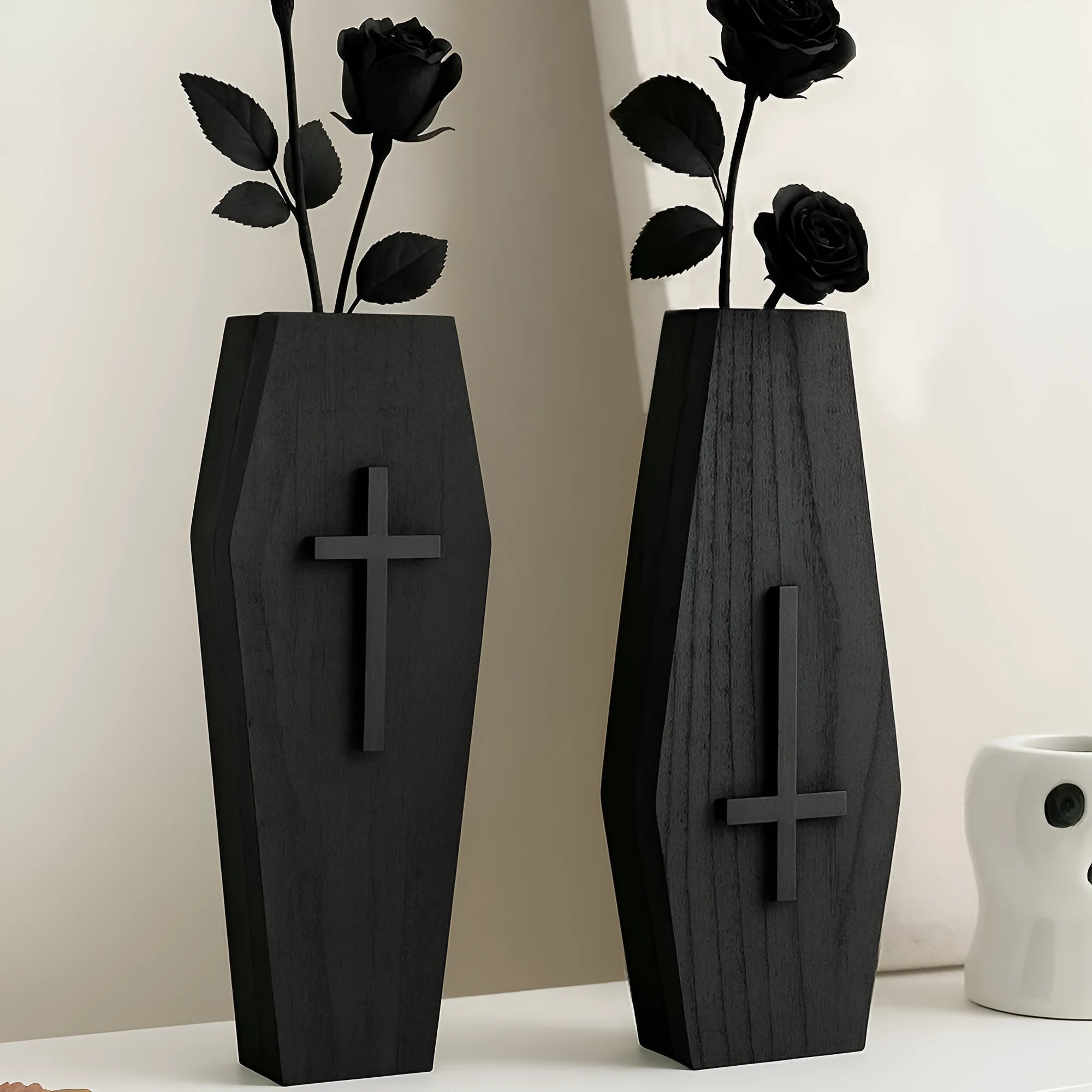 Black wooden cross wall vase shelf decoration measuring 27cm wide