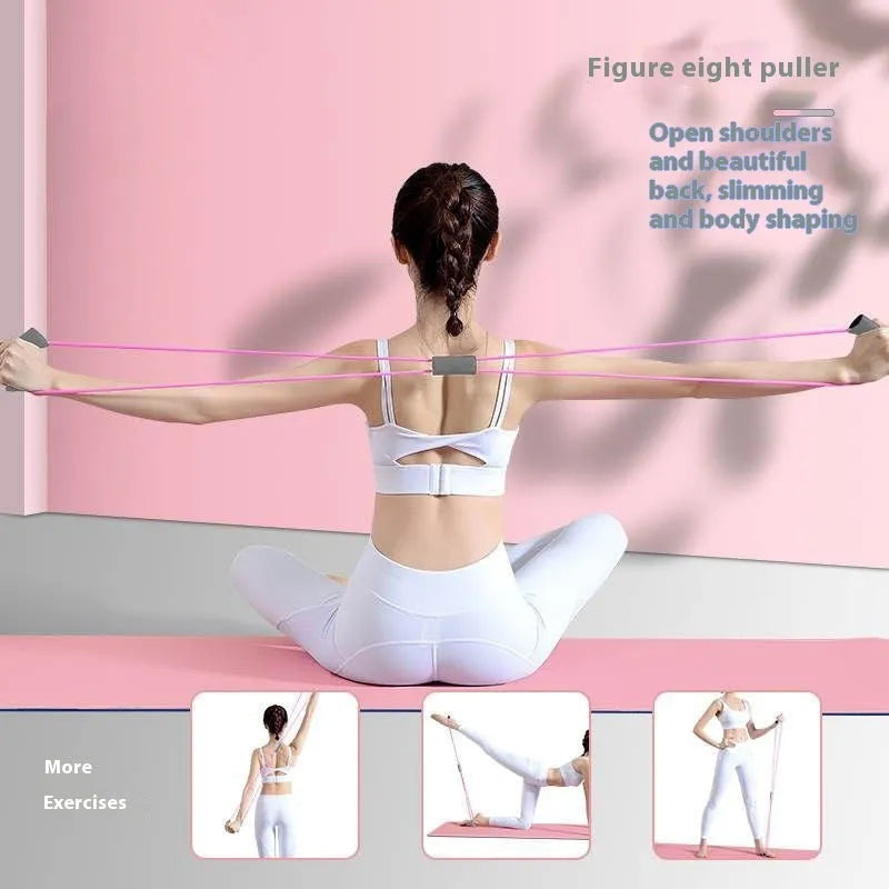 Yoga four-piece fitness set showing a leg stretching device, yoga ring, pedal expander, and figure-eight tension rope.