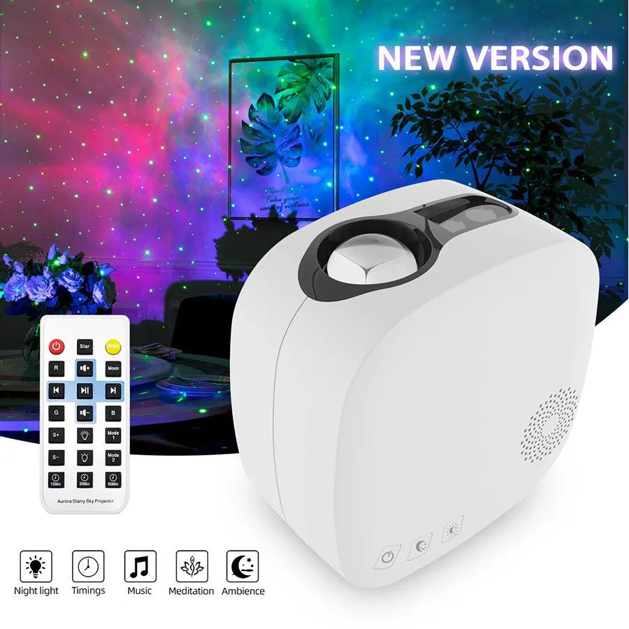 Laser starry sky projection lamp projecting colourful nebula patterns on wall with Bluetooth music capability
