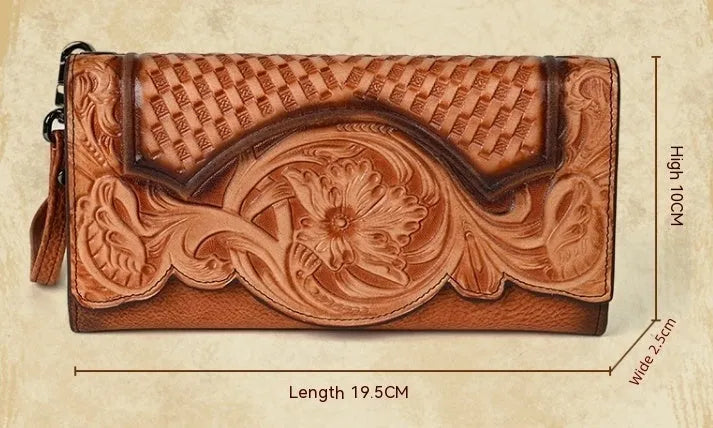 Chinese style embossed tri-fold wallet in first layer cowhide genuine leather with floral pattern