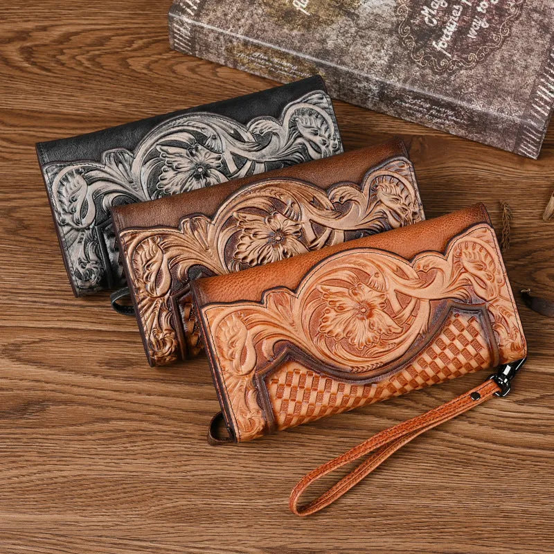 Chinese style embossed tri-fold wallet in first layer cowhide genuine leather with floral pattern