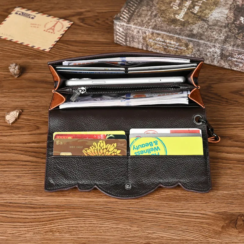 Chinese style embossed tri-fold wallet in first layer cowhide genuine leather with floral pattern