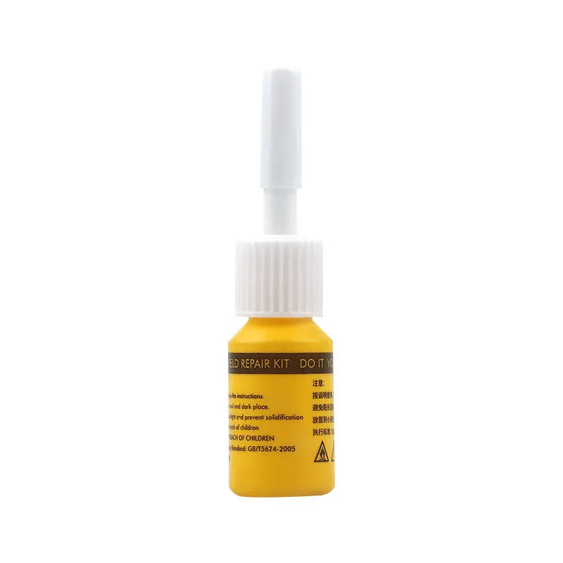 Yellow three-piece car windscreen repair kit with glass repairing liquid for crack and chip repair