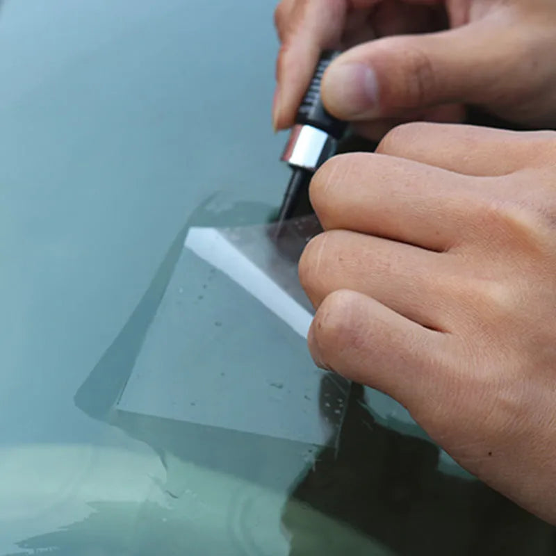 Yellow three-piece car windscreen repair kit with glass repairing liquid for crack and chip repair