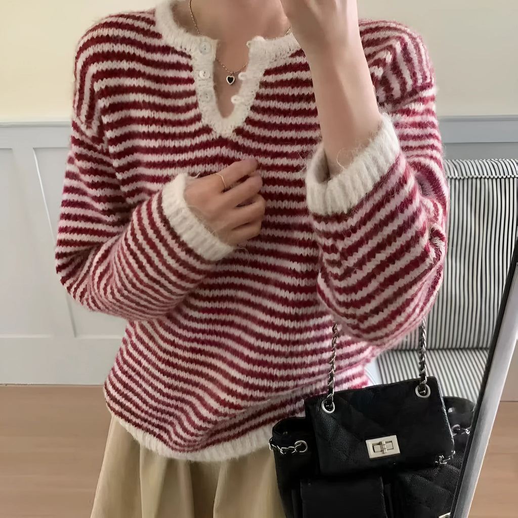 Red and blue striped cashmere pullover sweater for women with loose retro fit
