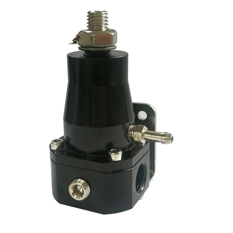 Black CNC aluminium fuel pressure regulator with adjustable 30-70 psi range and mounting strap