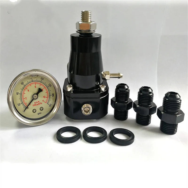 Black CNC aluminium fuel pressure regulator with adjustable 30-70 psi range and mounting strap