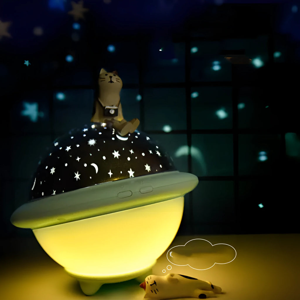 UFO-shaped LED projection night light in green, pink or white colours projecting starry sky patterns